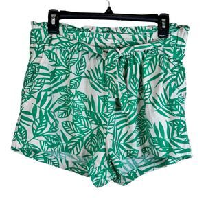 Cali 1850 Shorts Large Paper Bag Elastic Waist Floral Green White Linen Viscose